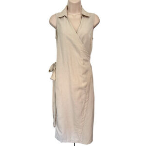 J. Mclaughlin Cerise Wrap Midi Dress Light Tan Linen Tencel Cotton Blend Sz XS-S